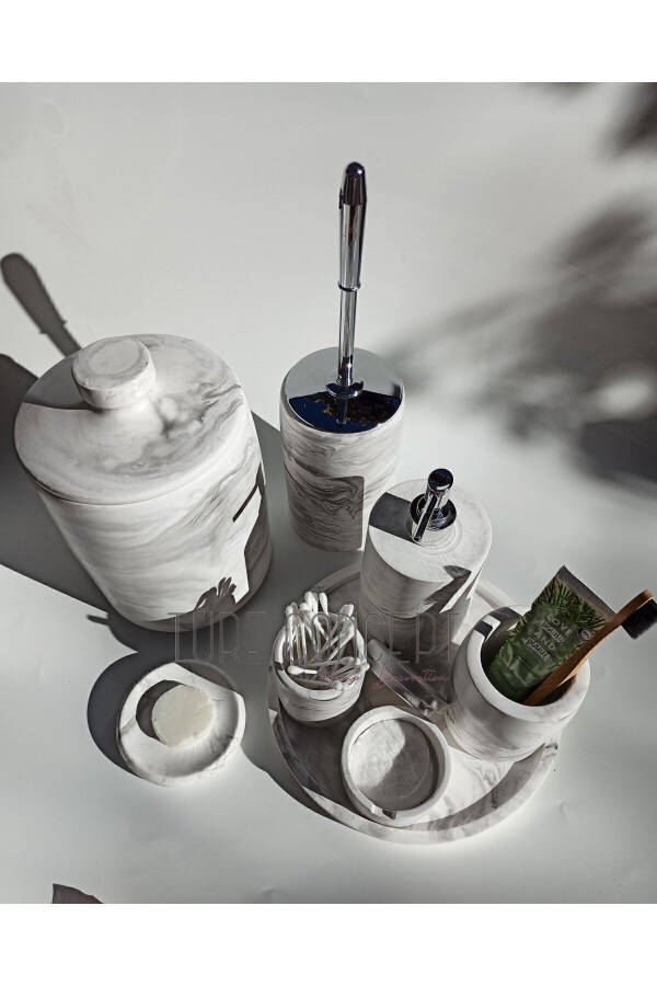 Marble-look Bathroom Set Trash Can, Toilet Brush, Tray, Soap Dish, Cotton Holder, Stick Holder - 4