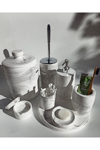Marble-look Bathroom Set Trash Can, Toilet Brush, Tray, Soap Dish, Cotton Holder, Stick Holder - 6