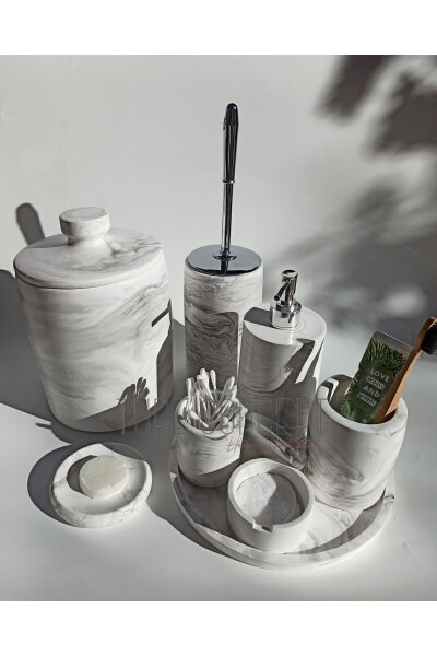 Marble-look Bathroom Set Trash Can, Toilet Brush, Tray, Soap Dish, Cotton Holder, Stick Holder - 7