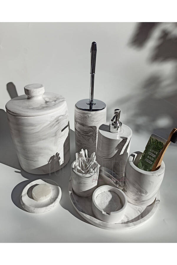 Marble-look Bathroom Set Trash Can, Toilet Brush, Tray, Soap Dish, Cotton Holder, Stick Holder - 7