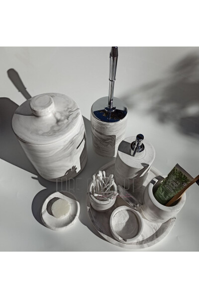 Marble-look Bathroom Set Trash Can, Toilet Brush, Tray, Soap Dish, Cotton Holder, Stick Holder - 8