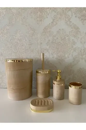 Marble Pattern Cream Bathroom Set / Toilet Brush Holder, Liquid - Solid Soap Dispenser, Trash Can, Toothbrush Holder-Cream - 1