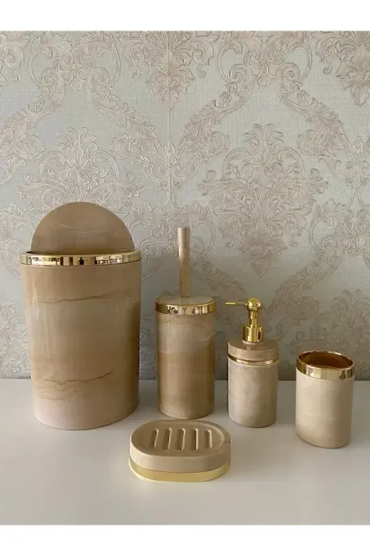 Marble Pattern Cream Bathroom Set / Toilet Brush Holder, Liquid - Solid Soap Dispenser, Trash Can, Toothbrush Holder-Cream - 2