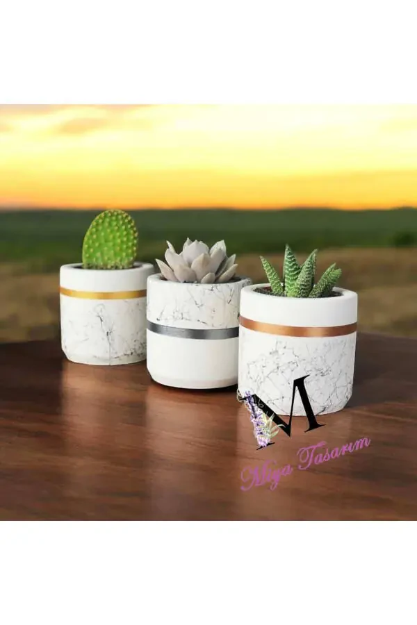 Marble Pattern Cylinder, Geometric Concrete Planter Cactus And Succulent 3 Piece Set - 3