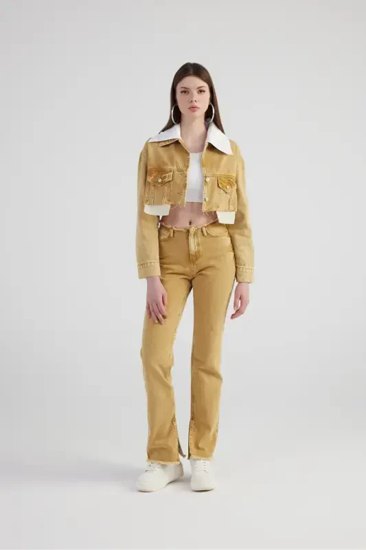 Marble Patterned Detachable Collar Detailed Crop Cut Pocketed Rusted Jean Jacket Camel - 4