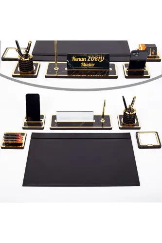 Marble Patterned Wooden Base Set Table Nameplate Leather Base Set - 1