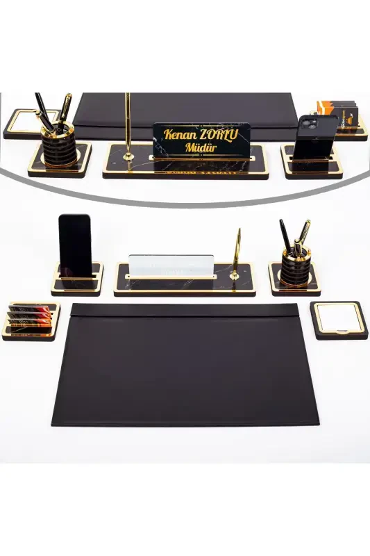 Marble Patterned Wooden Base Set Table Nameplate Leather Base Set - ISIMLIKSEPETI