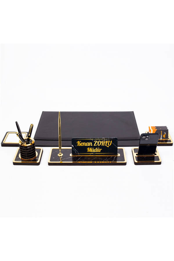 Marble Patterned Wooden Base Set Table Nameplate Leather Base Set - 6