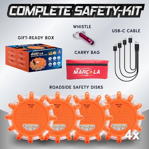 Marcala 4-Pack Rechargeable LED Emergency Road Flares | Large 1200mah Battery for Longer Run Time | Red Diode Road Emergency Light for High Visibility | Rechargeable LED Flares w/Included USB-C Cable - 4