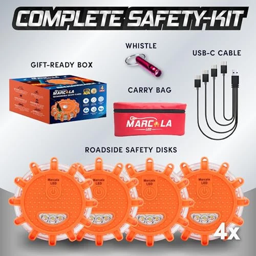 Marcala 4-Pack Rechargeable LED Emergency Road Flares | Large 1200mah Battery for Longer Run Time | Red Diode Road Emergency Light for High Visibility | Rechargeable LED Flares w/Included USB-C Cable - 4