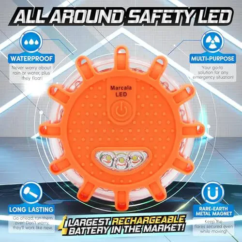 Marcala 4-Pack Rechargeable LED Emergency Road Flares | Large 1200mah Battery for Longer Run Time | Red Diode Road Emergency Light for High Visibility | Rechargeable LED Flares w/Included USB-C Cable - 6