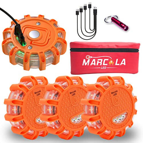 Marcala 4 ta qayta zaryadlanuvchi LED favqulodda yo'l signallari | Uzoqroq ishlash muddati uchun katta 1200mah batareya | Yuqori ko'rinish uchun qizil diodli yo'l favqulodda chiroqi | USB-C kabeli bilan qayta zaryadlanuvchi LED signallari - 1
