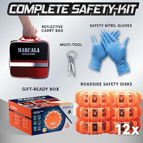 MARCALA Emergency Flares for Cars 12-Pack | Roadside Emergency Car Kit with Flares | Roadside Safety Discs | LED Safety Flare Emergency Lights | Complete Safety Disc Kit | Seen from a Mile Away - Marcala (1)