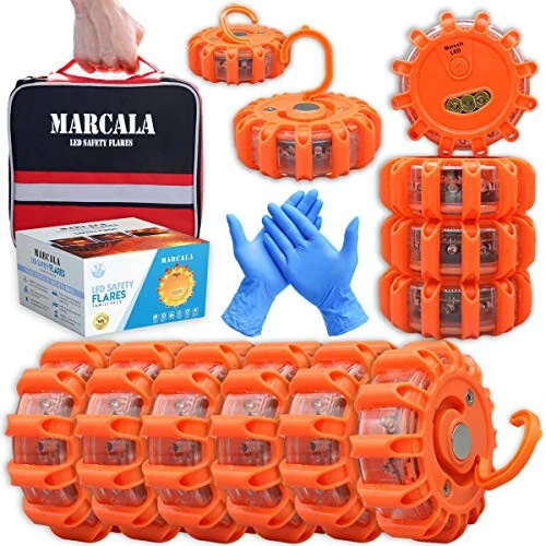 MARCALA Emergency Flares for Cars 12-Pack | Roadside Emergency Car Kit with Flares | Roadside Safety Discs | LED Safety Flare Emergency Lights | Complete Safety Disc Kit | Seen from a Mile Away 