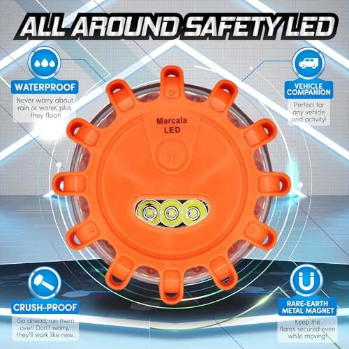 MARCALA Emergency Flares for Cars 12-Pack | Roadside Emergency Car Kit with Flares | Roadside Safety Discs | LED Safety Flare Emergency Lights | Complete Safety Disc Kit | Seen from a Mile Away - 3