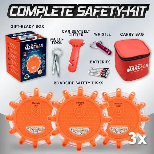 Marcala LED Дорожные сигнальные огни Аварийные огни | Комплект из 3 дисков для безопасности на дороге со свистком | Соответствует требованиям DOT аварийные сигнальные огни для автомобиля с установленными батареями | Комплект автомобильных аварийных средств с сигнальными огнями - 2