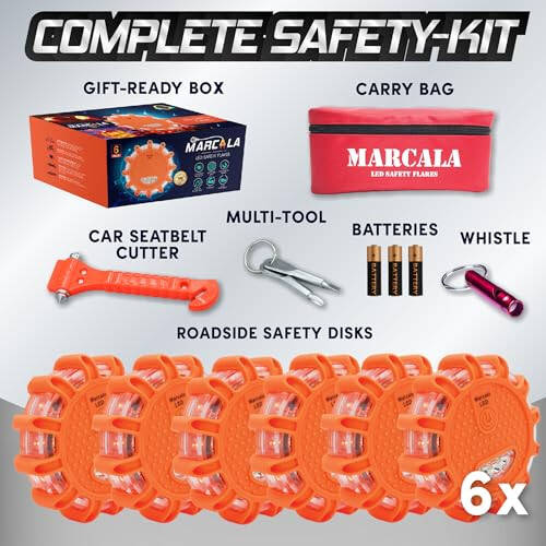 Marcala LED Road Flares 6-Pack | Roadside Emergency Kit with Flares | Roadside Safety Disc, DOT Compliant LED Safety Flares | Batteries, Case & Whistle Included | Feel Safe on The Road! - 2