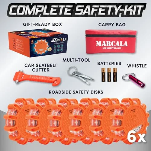 Marcala LED Road Flares 6-Pack | Roadside Emergency Kit with Flares | Roadside Safety Disc, DOT Compliant LED Safety Flares | Batteries, Case & Whistle Included | Feel Safe on The Road! - Marcala (1)