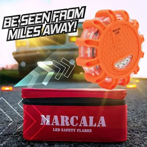 Marcala LED Road Flares 6-Pack | Roadside Emergency Kit with Flares | Roadside Safety Disc, DOT Compliant LED Safety Flares | Batteries, Case & Whistle Included | Feel Safe on The Road! - 5