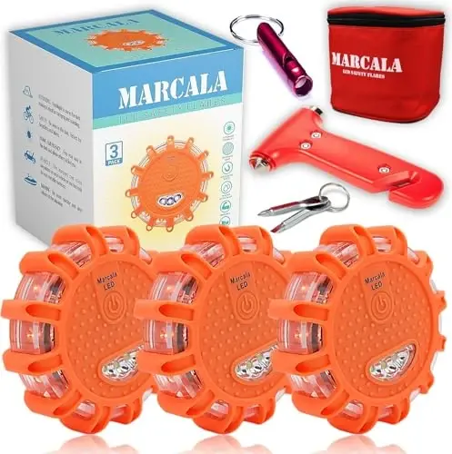 Marcala LED Yo'l Alangalari Favqulodda Chiroqlar | 3 dona Yo'l chetidagi xavfsizlik disk to'plami hushtak bilan | Avtomobil uchun DOT standartlariga mos favqulodda alangalar, batareyalari o'rnatilgan | Alangali yo'l chetidagi favqulodda avtomobil to'plami - 1