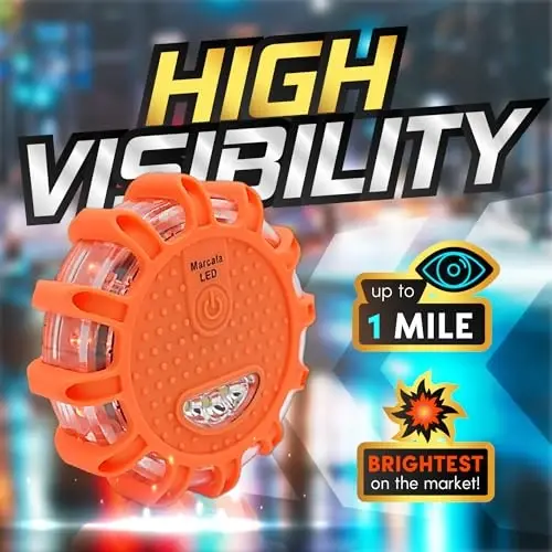 Marcala LED Road Flares Emergency Lights | 3-Pack Roadside Safety Disc Kit w/Whistle | DOT Compliant Emergency Flares for Car w/Batteries Installed | Roadside Emergency Car Kit with Flares - 3