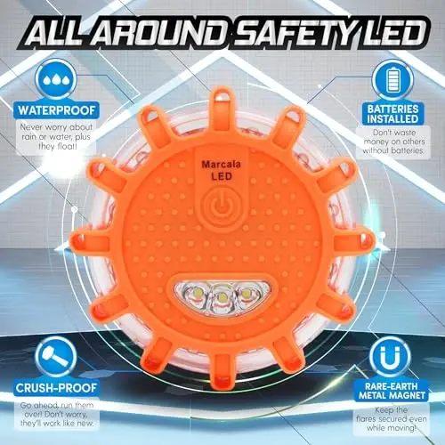 Marcala LED Road Flares Emergency Lights | 3-Pack Roadside Safety Disc Kit w/Whistle | DOT Compliant Emergency Flares for Car w/Batteries Installed | Roadside Emergency Car Kit with Flares - 5