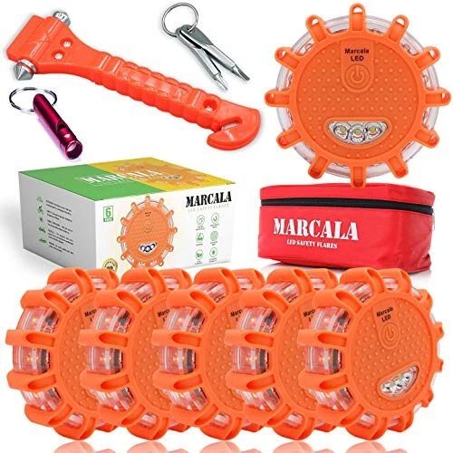 Marcala LED Road Flares Emergency Lights 6‑Pack | Roadside Safety Disc & LED Safety Flare | Roadside Hazard Emergency Kit w/Boat Flare Kit | Batteries, Case & Whistle Included | Feel Safe on Road - Marcala