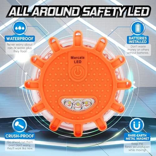 Marcala LED Road Flares Emergency Lights 6‑Pack | Roadside Safety Disc & LED Safety Flare | Roadside Hazard Emergency Kit w/Boat Flare Kit | Batteries, Case & Whistle Included | Feel Safe on Road - 6