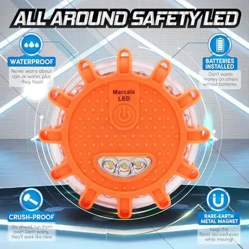 Marcala LED Road Flares Emergency Lights 6‑Pack | Roadside Safety Disc & LED Safety Flare | Roadside Hazard Emergency Kit w/Boat Flare Kit | Batteries, Case & Whistle Included | Feel Safe on Road - 6
