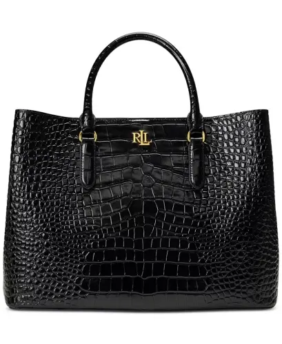 Marcy Large Embossed Satchel Bag - Black/Gold 