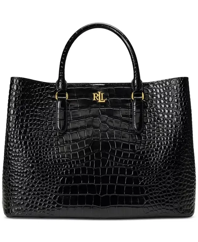Marcy Large Embossed Leather Satchel-Black/Gold - 1