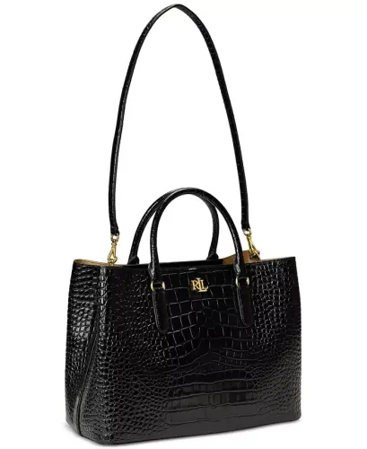 Marcy Large Embossed Leather Satchel-Black/Gold - 3