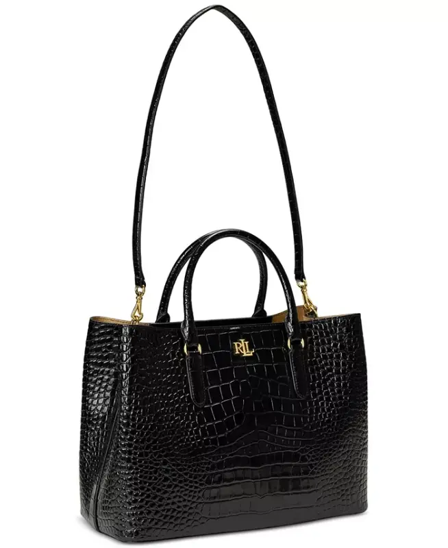 Marcy Large Embossed Leather Satchel-Black/Gold - 3