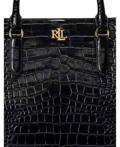 Marcy Large Embossed Leather Satchel-Black/Gold - 5