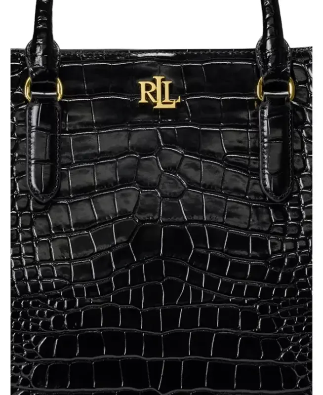 Marcy Large Embossed Leather Satchel-Black/Gold - 5