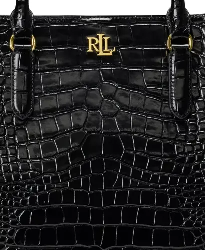 Marcy Large Embossed Leather Satchel-Black/Gold - 6