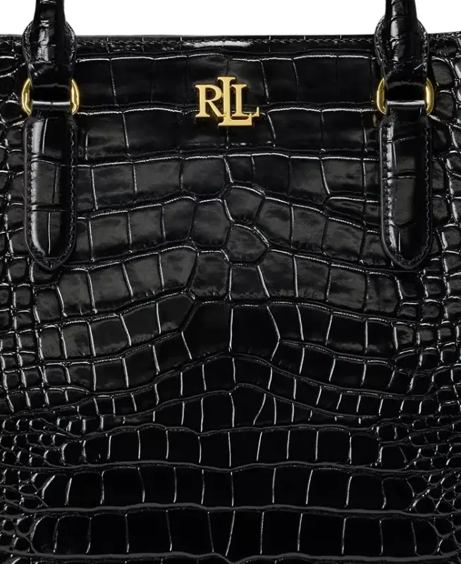 Marcy Large Embossed Leather Satchel-Black/Gold - 6