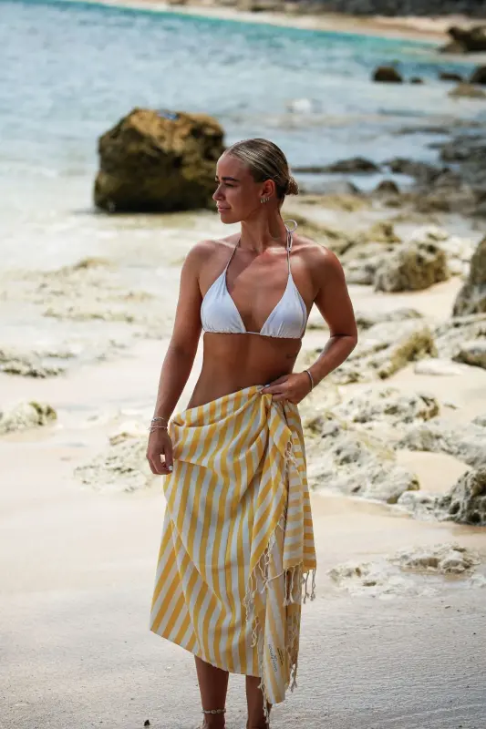 Mare Ochre, Organic And Recycle Cotton Blend, With Carrier Bag, Large Size Pestemal, 90x180 Cm.-Ochre - 3