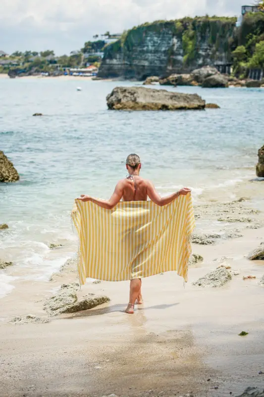 Mare Ochre, Organic And Recycle Cotton Blend, With Carrier Bag, Large Size Pestemal, 90x180 Cm.-Ochre - 4