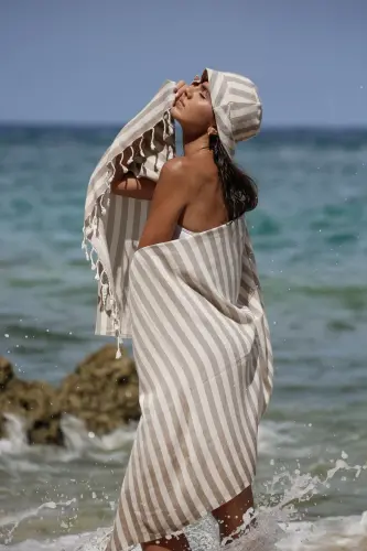 Mare Sand Beige, Organic and Recycle Cotton, with Carry Bag, Large Size Peshtemal, 90x180 Cm.-Sand Beige - 3