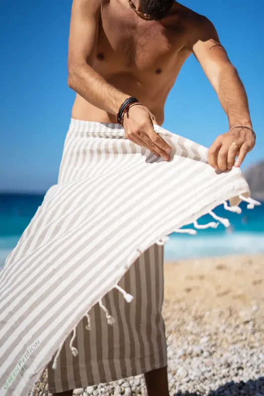 Mare Sand Beige, Organic and Recycle Cotton, with Carry Bag, Large Size Peshtemal, 90x180 Cm.-Sand Beige - 4