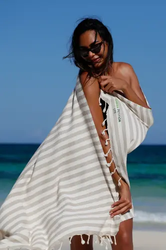 Mare Sand Beige, Organic and Recycle Cotton, with Carry Bag, Large Size Peshtemal, 90x180 Cm.-Sand Beige - 3