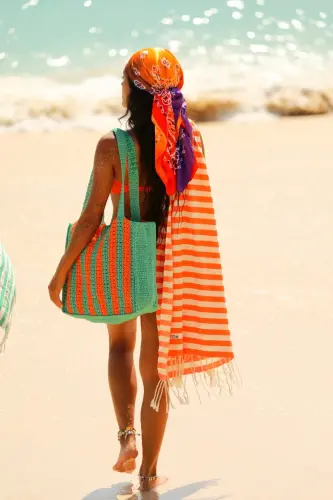 Mare Tangerine, Organic and Recycle Cotton Blend, Pestemal with Carrying Bag, 90x180 Cm.-Tangerine - 8