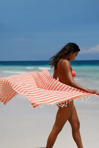 Mare Tangerine, Organic and Recycle Cotton Blend, Pestemal with Carrying Bag, 90x180 Cm.-Tangerine - 3