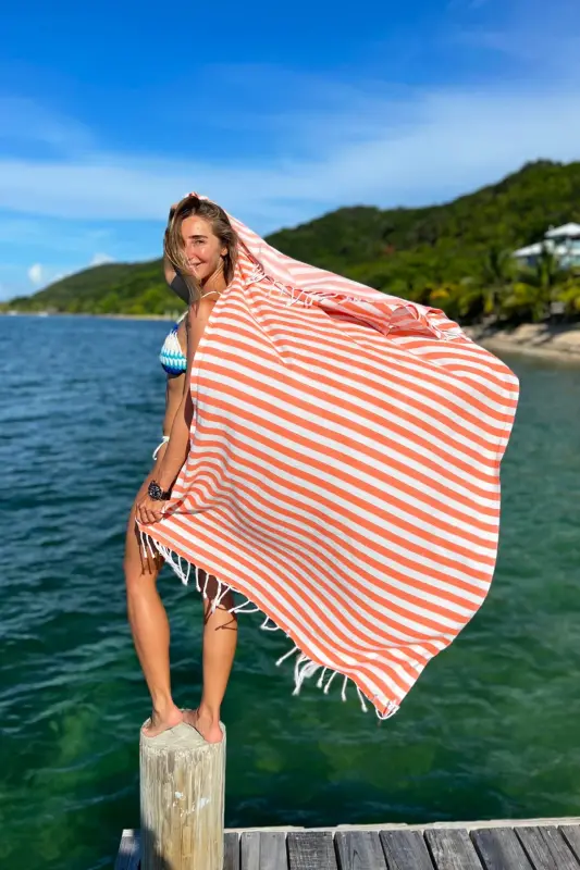 Mare Tangerine, Organic and Recycle Cotton Blend, Pestemal with Carrying Bag, 90x180 Cm.-Tangerine - 6