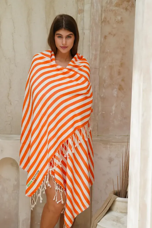 Mare Tangerine, Organic and Recycle Cotton Blend, Pestemal with Carrying Bag, 90x180 Cm.-Tangerine - 7