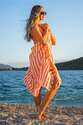 Mare Tangerine, Organik Va Recycle Paxta Aralashmali, Tashish Sumkali, Pestamal, 90x180 Sm.-Tangerine - GREEN PETITION (1)