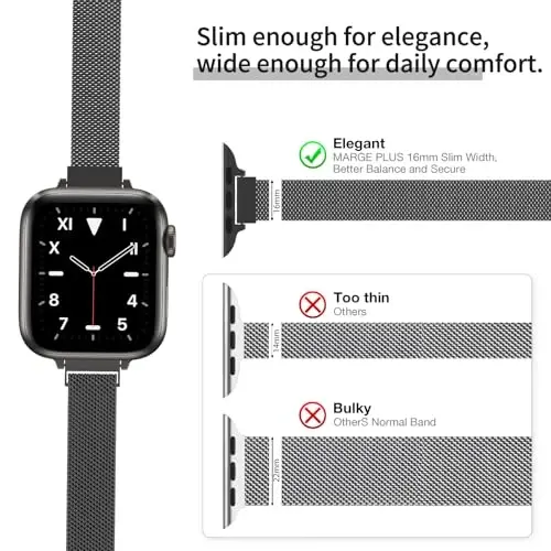 MARGE PLUS Slim Milanese Loop Apple Watch Band ayollar uchun 41mm 40mm 38mm 42mm 46mm 45mm 44mm, zanglamaydigan po'latdan yasalgan magnit to'rli tasma iWatch Series 11 10 9 8 7 6 5 4 3 & SE 3 2 1 da ishlaydi 