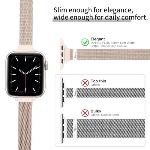 MARGE PLUS Slim Milanese Loop Apple Watch Band ayollar uchun 41mm 41mm 38mm 42mm 46mm 45mm 44mm bilan mos keladi, Zanglamaydigan Po'latdan Yasalgan Magnit To'r Tasma iWatch Series 11 10 9 8 7 6 5 4 3 & SE 3 2 1 da ishlaydi - 1