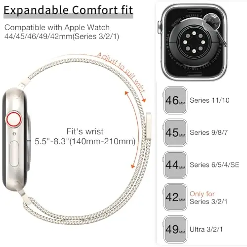 MARGE PLUS Slim Milanese Loop Compatible with Apple Watch Band for women 41mm 40mm 38mm 42mm 46mm 45mm 44mm, Stainless Steel Magnetic Mesh Strap work on iWatch Series 11 10 9 8 7 6 5 4 3 & SE 3 2 1 - 3
